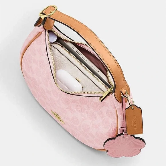 NWT Coach Pink Signature Canvas Hobo Shoulder Bag CDW86 with Flower Charm - Picture 6 of 11